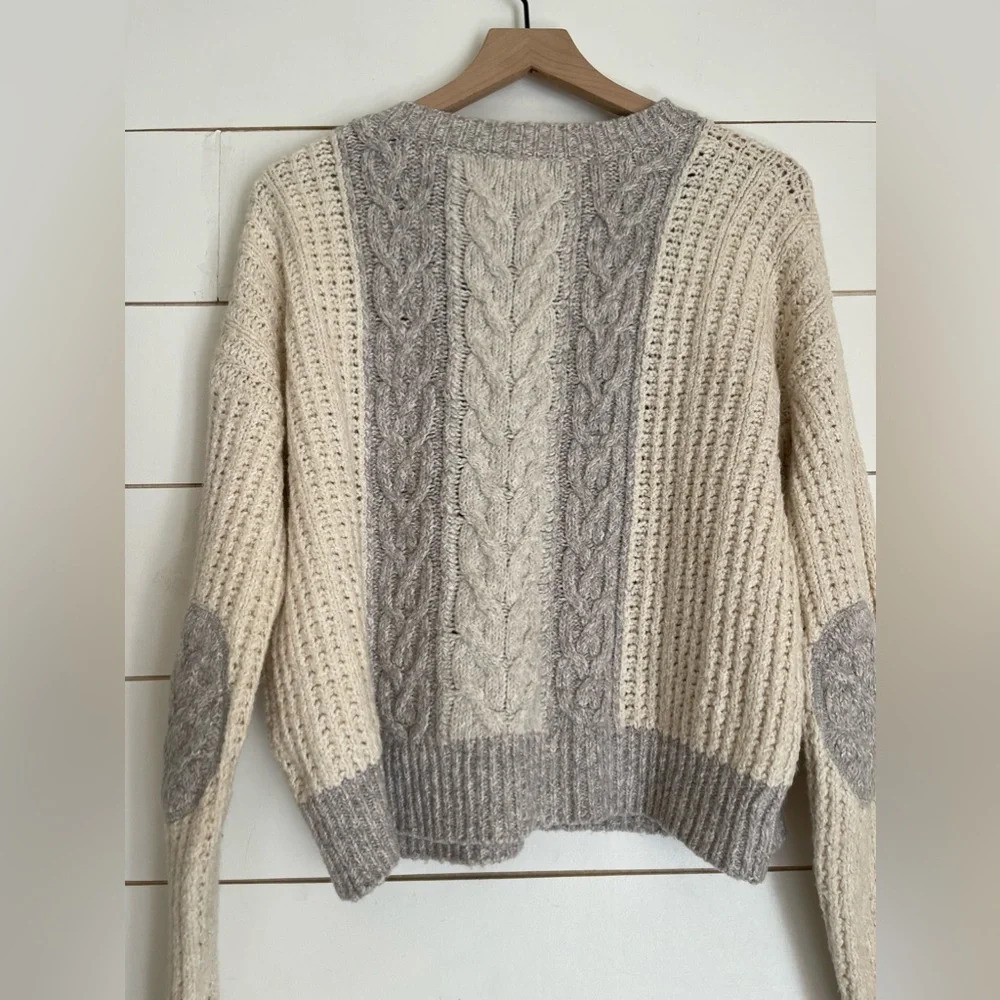 Anthropologie Sleeping on Snow M Cable Knit Pullover Sweater Gray Ivory $168 - Picture 8 of 11